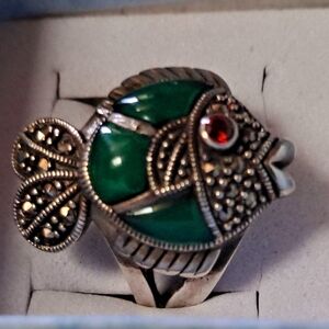 Sterling Silver Fish Motif Ring with Green and Red Accents